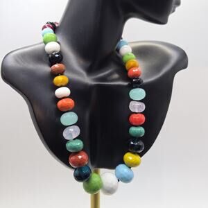 Multicolor Glass Or Lucite Beaded Statement Necklace Round Fashion Jewelry 15"
